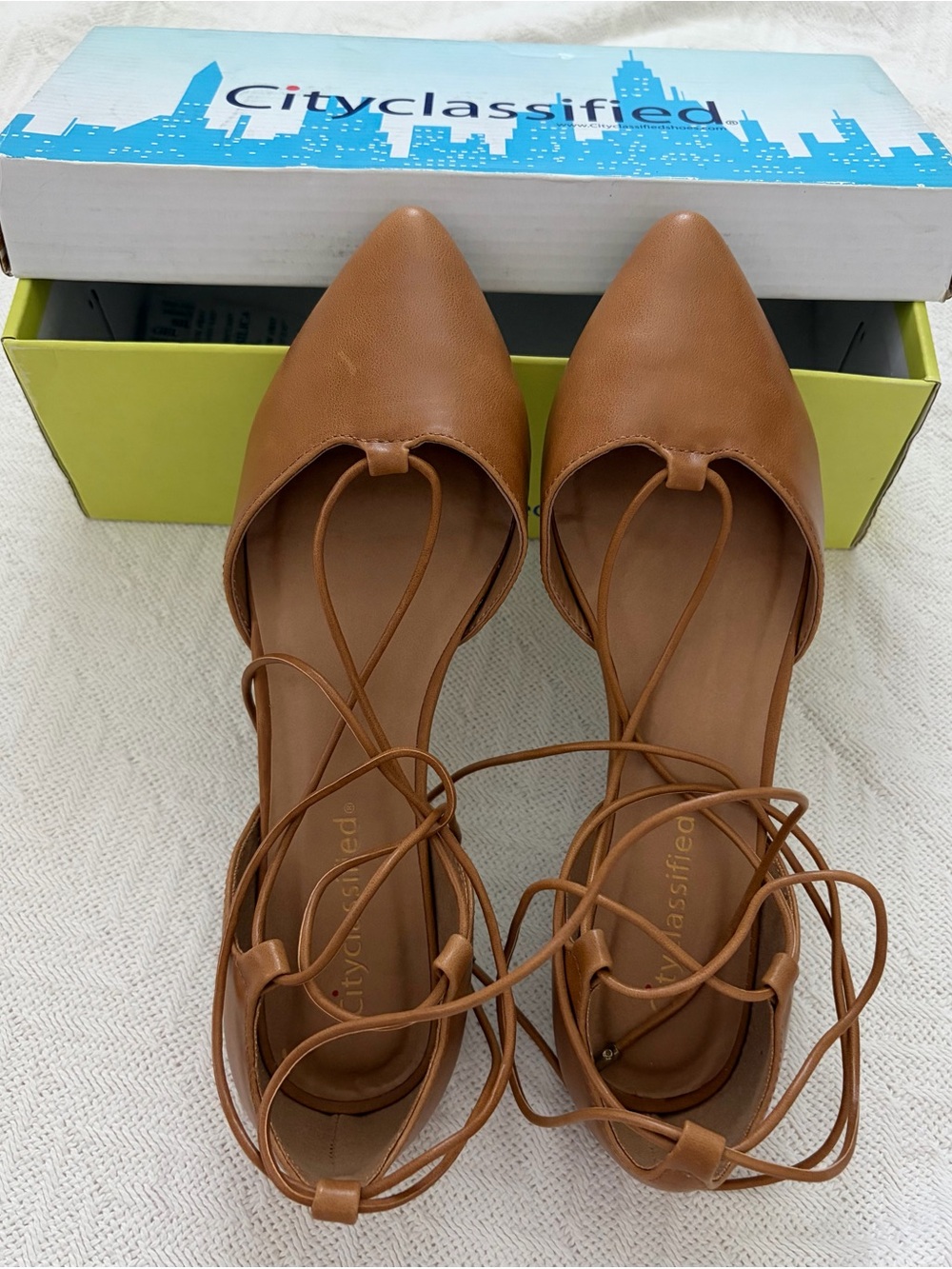 Cityclassified Women’s Cognac Brown Pointed-Toe Lace-Up Flats